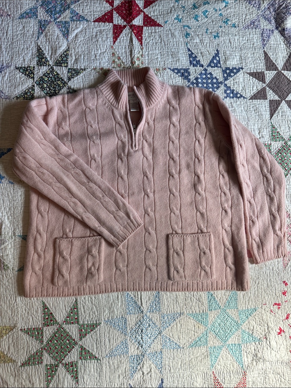 Jones New York Sport Pink Cable-Knit Quarter-Zip Sweater 100% Lambswool